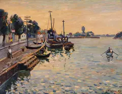 Nicolae Gârbaciu, Ponton la Sulina, 1956, ulei pe carton
