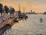 Nicolae Gârbaciu, Ponton la Sulina, 1956, ulei pe carton
