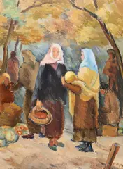 Târgul de duminică by Nicolae Popa-Iași, ulei pe carton, sold May 2026