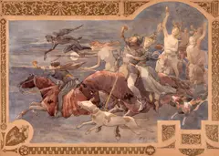 Scenă mitologică (Valkyriile) by Eugen Ghika Budești, acuarelă, tuș și pigment auriu pe hârtie lipită pe carton, sold May 2026