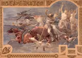 Eugen Ghika Budești, Scenă mitologică (Valkyriile), acuarelă, tuș și pigment auriu pe hârtie lipită pe carton
