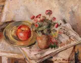 Dudu Alexandrescu Milcoveanu, Natură statică cu măr și revistă, ulei pe carton