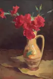 Honoriu Creţulescu, Ulcior cu garoafe roșii, 1960, ulei pe carton
