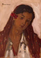 Chivuță cu floare în păr by Apostol Mănciulescu, ulei pe carton, sold May 2026