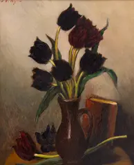 Lalele negre by Leon Biju, ulei pe carton, sold May 2026