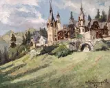 Stelian Popescu Ghimpați, Vedere către Castelul Peleș, 1939, ulei pe carton