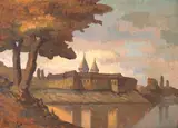 Aurel Popp Ludoșanu, Vedere spre Mănăstirea Cernica, 1925, ulei pe carton