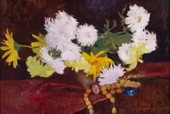 Honoriu Creţulescu, Crizanteme și mărgele de chihlimbar, 1928, ulei pe carton