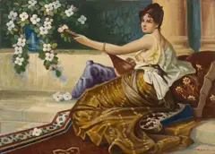 Constantin Rădulescu, Odaliscă cu lăută, ulei pe carton