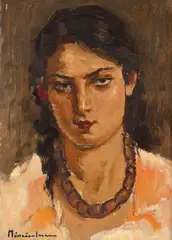 Tânără cu mărgele roșii by Apostol Mănciulescu, ulei pe carton, sold May 2026
