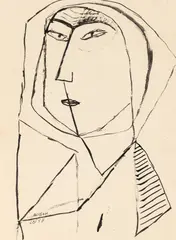 Aurel Cojan, Portret cu maramă, 1958, tuș pe hârtie