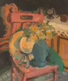Lucia Dem(etriade) Bălăcescu, Natură statică cu pălărie și trandafiri, 1960, ulei pe carton