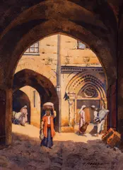 Hans Aescher, Stradă din Ierusalim, 1929, acuarelă pe hârtie lipită pe carton