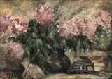 Stelian Popescu Ghimpați, Natură statică cu bujori și cărți, 1936, ulei pe carton
