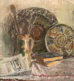 Elena Baludima Tacian, Natură statică cu pensule și ceramică populară, 1970, ulei pe pânză