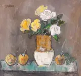 Traian Brădean, Natură statică cu mere și trandafiri, ulei pe pânză
