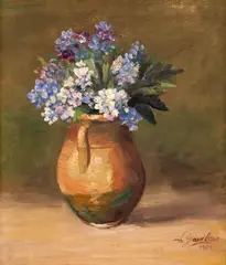 Canceu cu liliac by Dimitrie Gavrilean, 1989, ulei pe placaj, sold May 2026