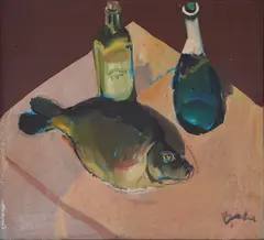 Still life with fish by Vihroni Popnedelev, oil on canvas, sold May 2026
