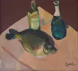 Vihroni Popnedelev, Still life with fish, oil on canvas