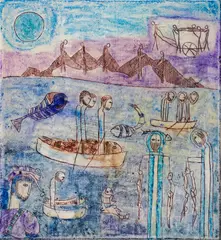 People and sea by Lika Yanko, 1982, tempera and rope on canvas laid on wood, sold May 2026