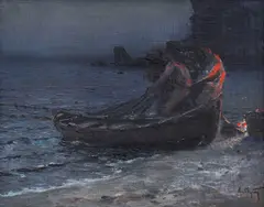 Aleksandar Mutafov, Night fishing, oil on plywood
