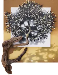 Michalis Garudis, Olive tree, oil, cardboard, sand and wood on canvas