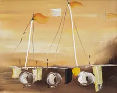 Boats by the shore by Pavel Mitkov, oil on canvas, sold May 2026