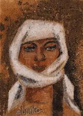 Portrait of a peasant by Lika Yanko, tempera, pencil, stones, sand, wood shavings and rope on cardboard, sold May 2026