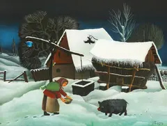 Ivan Večenaj, Winter at the Court, 1959., oil on glass