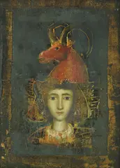 Mersad Berber, Girl and Goat, 1973., colored pencil, colored woodcut and gilding on paper