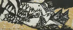 Ivan Lesiak, Street in Zagreb, 1954., Oil, ink and gold foil on paper