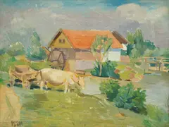 Krsto Hegedušić, Landscape with a Mill, 1935., oil on canvas mounted on card