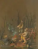 Mijo Kovačić, Warming by the Fire, 1985., pastel and chalk on paper