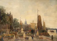 Piață de flori în Rotterdam by R. Hornemann, ulei pe pânză, sold Apr 2026