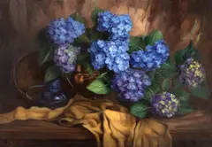 Edgard Locks, Hortensii albastre, ulei pe pânză