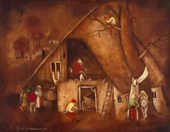 La sat by Gheorghe Vrăneanțu, 1974, ulei pe pânză lipită pe carton, sold Apr 2026
