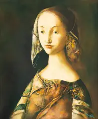 Georges Mazilu, Jeune fille à la robe fleurie, acrilic pe pânză