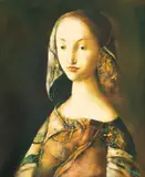 Georges Mazilu, Jeune fille à la robe fleurie, acrilic pe pânză