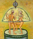 Ana Ruxandra Ilfoveanu, Cuplu în clopot de sticlă, 2007, ulei pe pânză