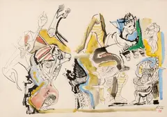 Vasile Kazar, La curtea regelui, 1997, tuș și acuarelă pe hârtie