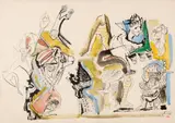 Vasile Kazar, La curtea regelui, 1997, tuș și acuarelă pe hârtie