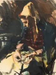 Corneliu Baba, Cusătoreasă, 1947, guașă, pastel și tuș pe hârtie