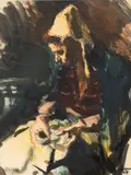 Corneliu Baba, Cusătoreasă, 1947, guașă, pastel și tuș pe hârtie