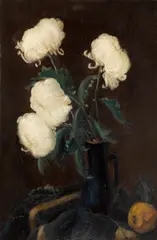 Natură statică cu crizanteme by Leon Biju, ulei pe pânză, sold Apr 2026