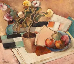 Bucurii simple (Flori, gravuri, cărți și mere) by Ion Theodorescu-Sion, 1926, ulei pe carton, sold Apr 2026