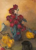 Leon Biju, Trandafiri și gutui, 1955, ulei pe carton