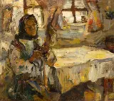 Rudolf Schweitzer–Cumpăna, Țărancă cu fuior, ulei pe pânză lipită pe carton