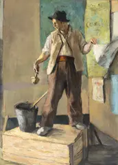Afișe electorale by Constantin Piliuță, ulei pe pânză lipită pe carton, sold Apr 2026