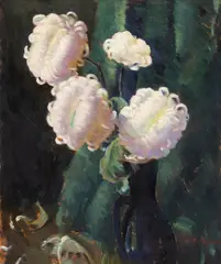Ulcior cu crizanteme albe by Leon Biju, ulei pe carton, sold Apr 2026