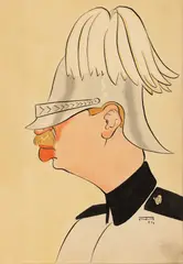 Mihai Tacorian, Caricatura Regelui Carol II în uniforma de ofițer din garda regală, de Mihai Tacorian, 1934, 1934, acuarelă și tuș pe hârtie